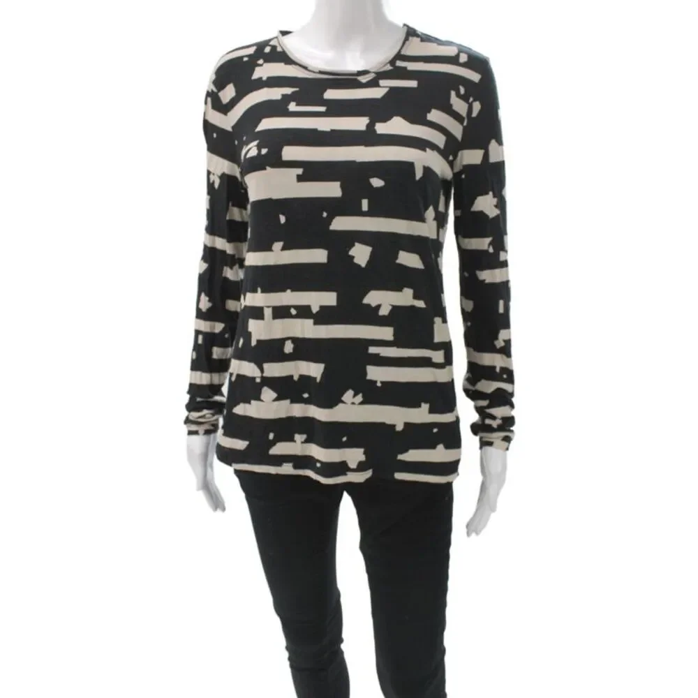 Proenza Schouler Women Beige Striped Jersey T-Shirt Crewneck Long Sleeve Size S